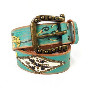 Ed Hardy Embroidered Leather Belt | Turquoise